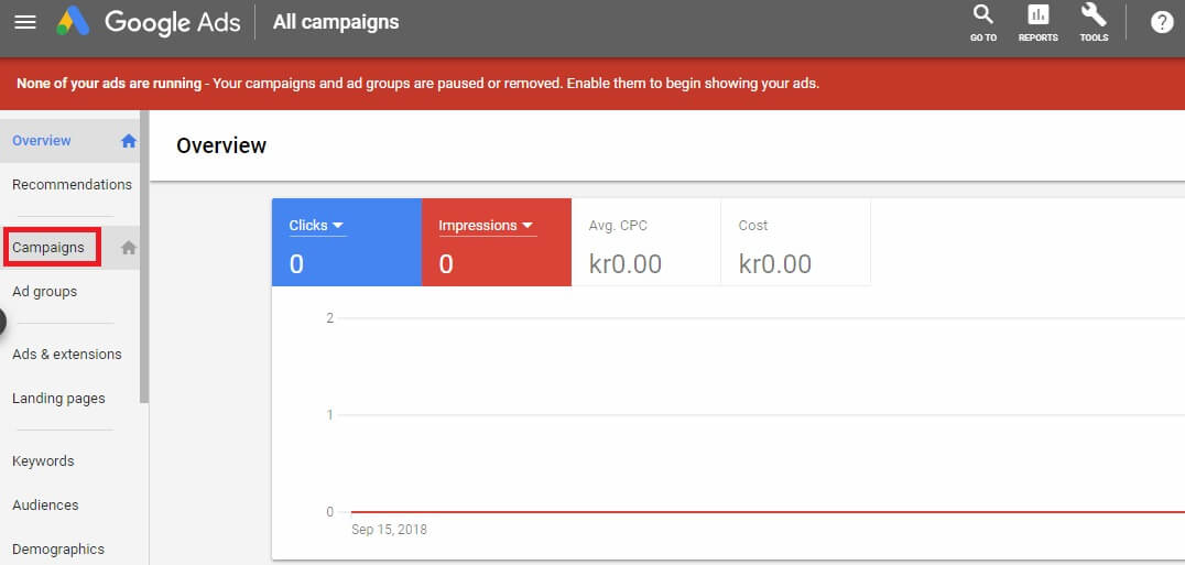 وارد قسمت کمپینهای تبلیغات در گوگل شوید.