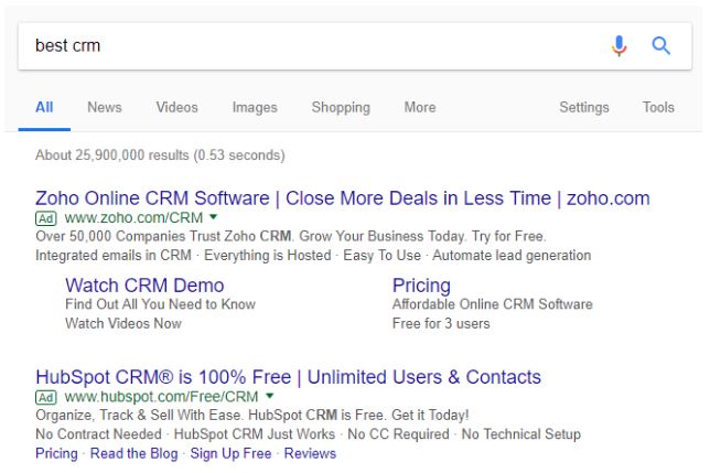 جستجوی کلیدواژه‌ی بهترین CRM در گوگل ادوردز
