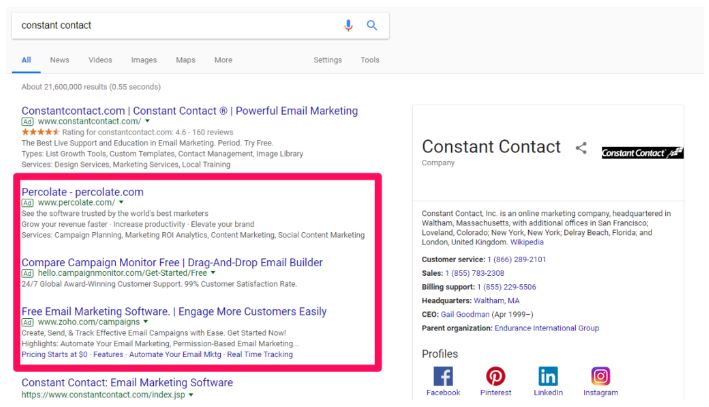 جستجوی عبارت برند شده‌ی Constant Contact در گوگل